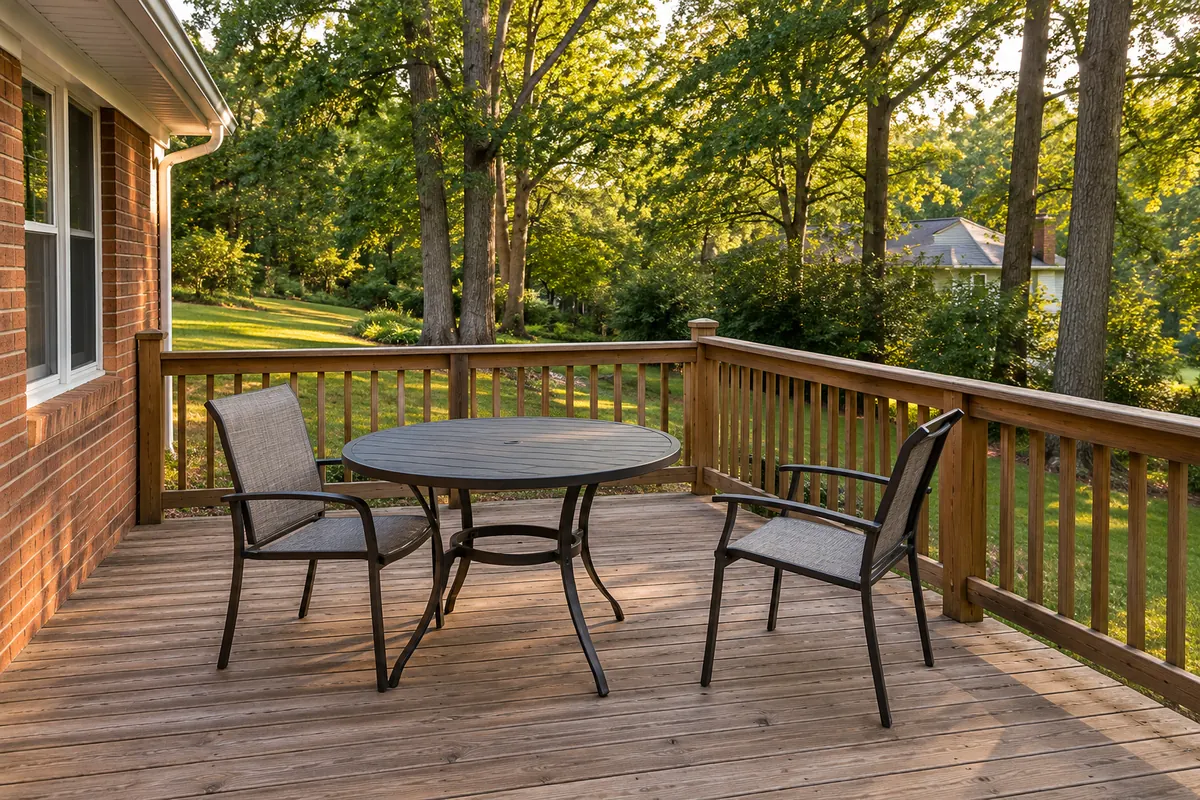 A back deck with a table and two chairs