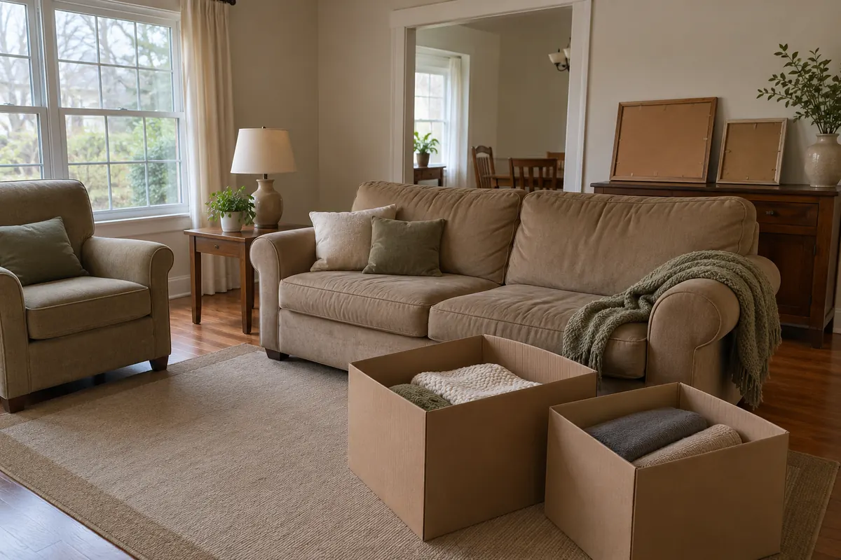 Living room of an older family home with a few packed boxes