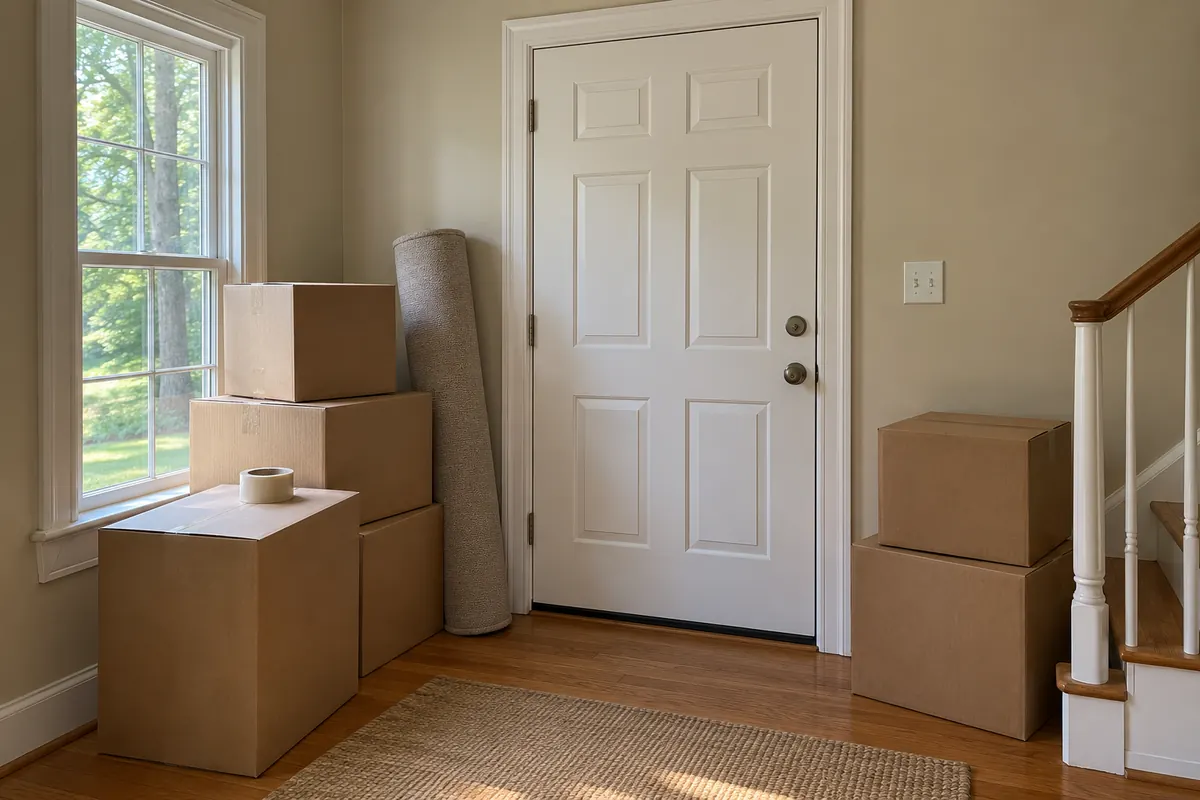 Moving boxes stacked by the front door of a house