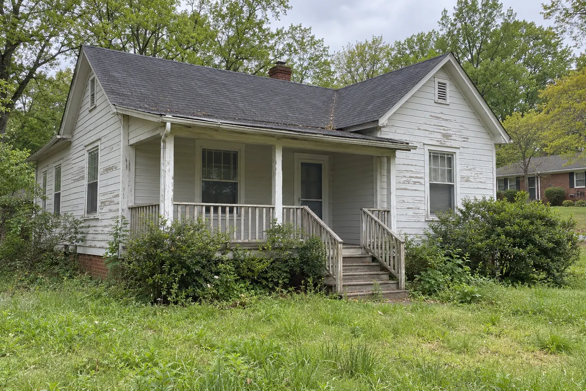 A house with peeling paint and worn roof shingles that needs repairs